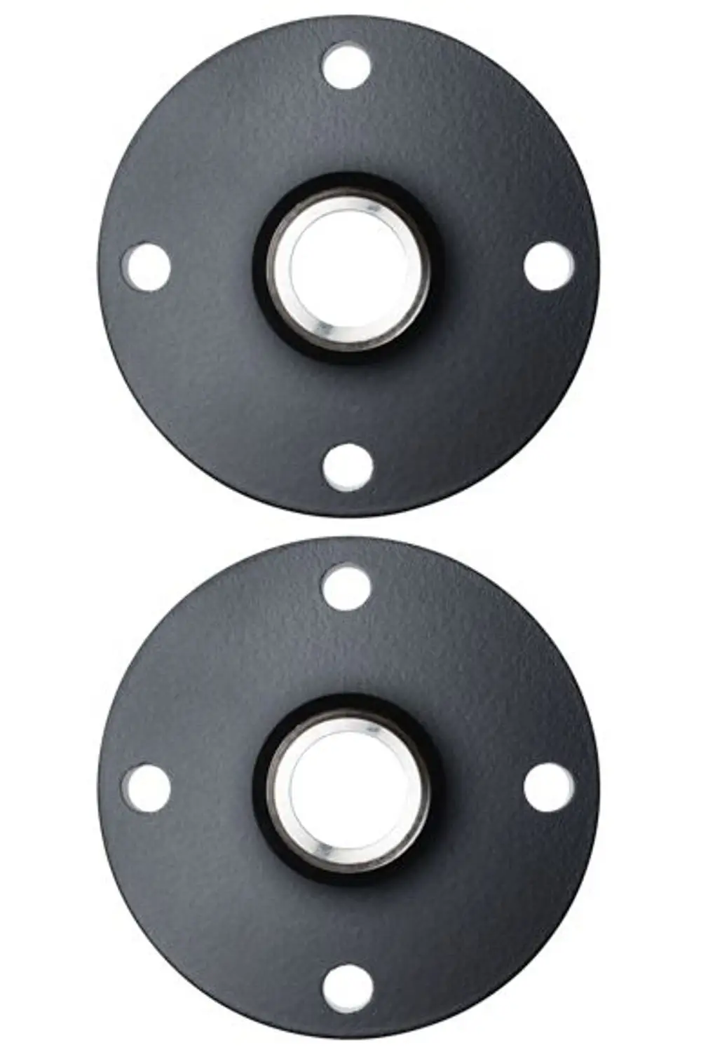 Zwei schwarze Flanschreduzierungen von Stiebel Eltron (FG 80/2 Set, 231885) mit je vier Löchern und einer zentralen Öffnung.